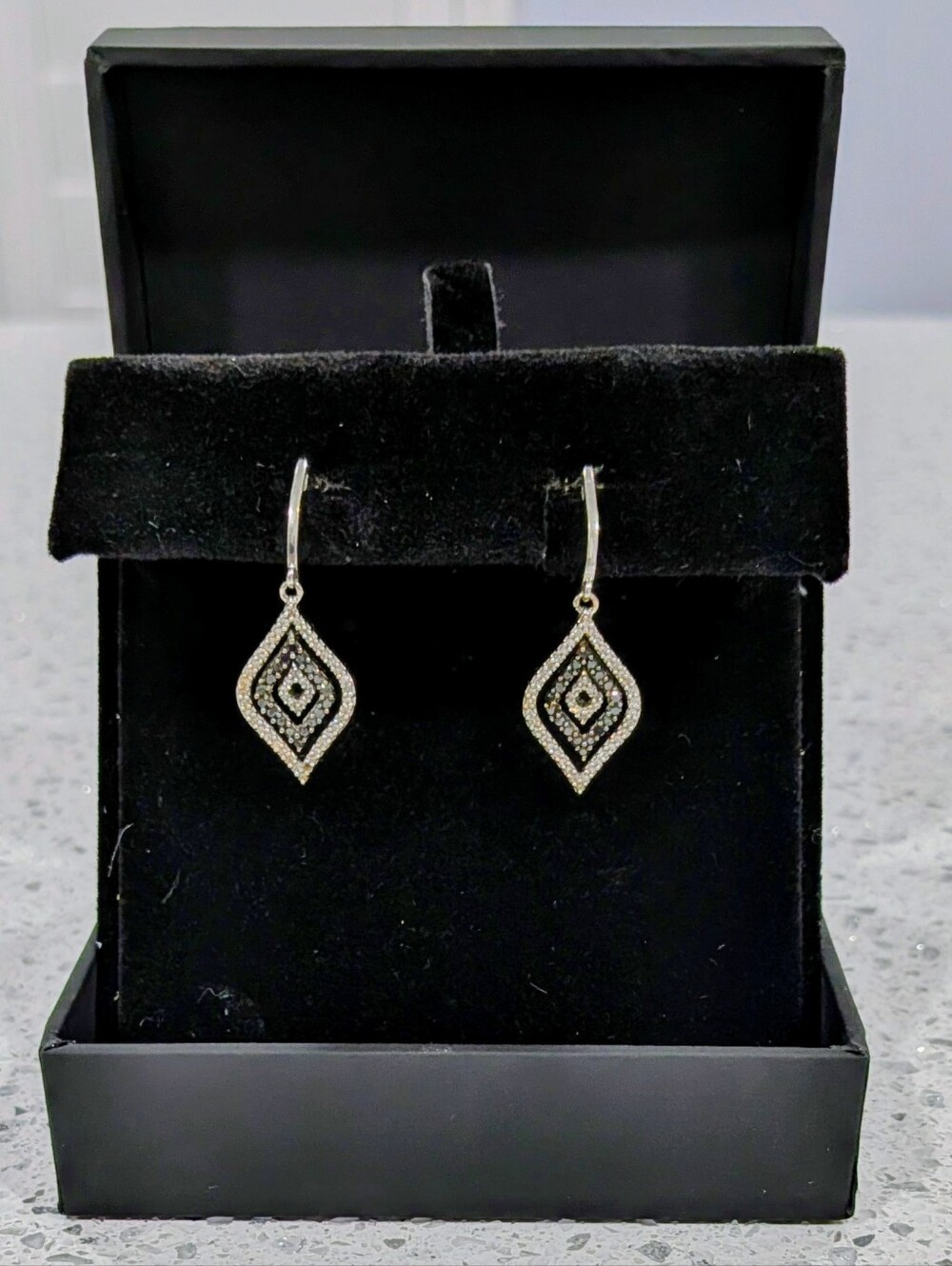 10K White Gold With Black And White Diamonds Drop Earrings